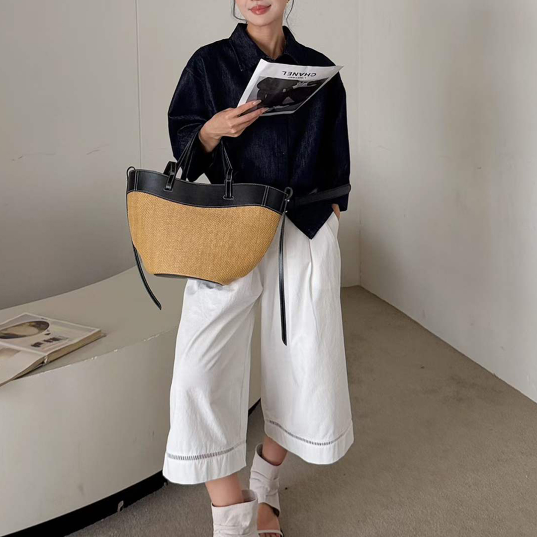 Women'S Raffia Bags - Borsa Tote in Vera Pelle e